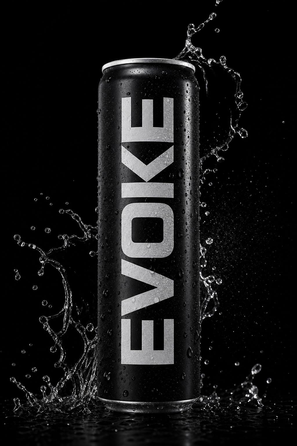 EVOKE matte black 12oz sleek aluminum can with bold white wordmark