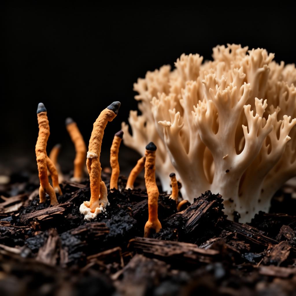Macro photograph of lion's mane and cordyceps mushrooms